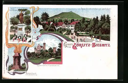 Lithographie Görlitz-Biesnitz, Restaurant a. d. Landeskrone, Bismarcksäule, Kaiser Friedrich-Denkmal