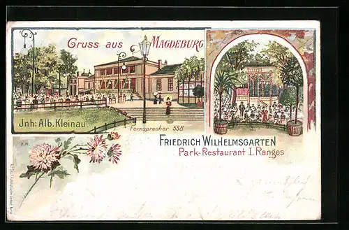 Lithographie Magdeburg, Park-Restaurant Friedrich Wilhelmsgarten, Mehrfachansicht