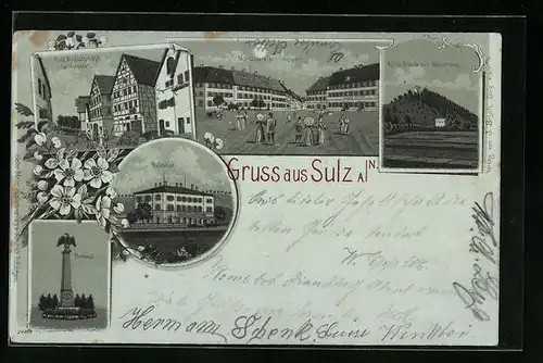 Mondschein-Lithographie Sulz a /N., Ruine Albeck mit Weilerhaus, Bahnhof, Denkmal