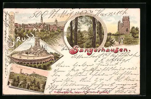 Lithographie Sangerhausen, Denkmal, Rothenburg, Sachsenburgen