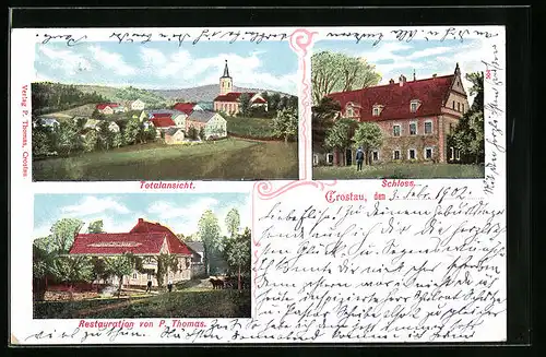 AK Crostau, Restaurant von P. Thomas, Schloss, Totalansicht