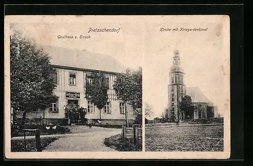 AK Pretzschendorf, Gasthaus zum Hirsch, Kirche mit Kriegerdenkmal