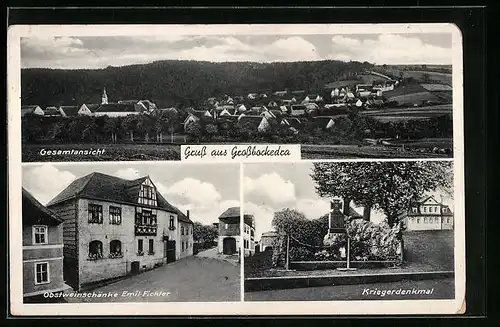 AK Grossbockedra, Gasthaus von Emil Fickler, Kriegerdenkmal, Gesamtansicht