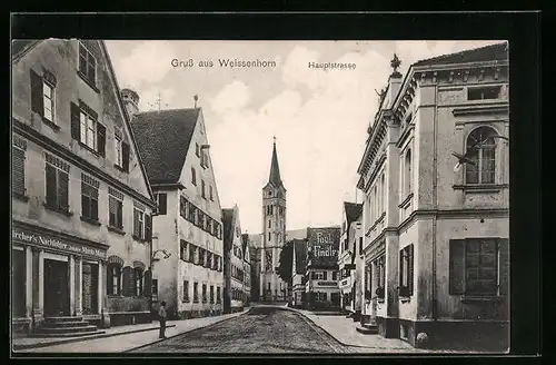 AK Weissenhorn, Hauptstrase mit Geschäften und Kirche