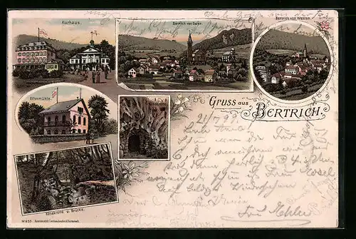 Lithographie Bertrich, Restaurant Elfenmühle, Kurhaus, Käsekrotte und Brücke
