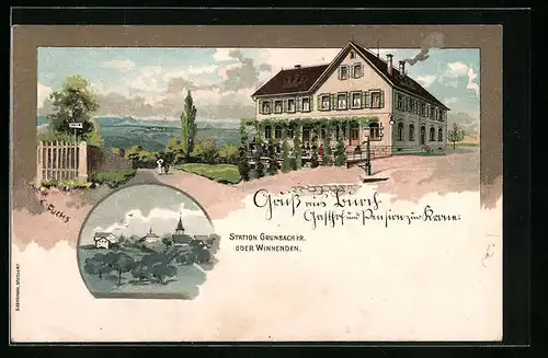 Lithographie Buoch, Gasthof zur Krone mit Aussenbereich