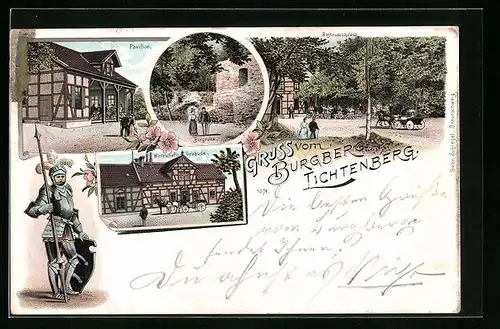 Lithographie Burgberg b. Lichtenberg, Pavillon, Wirtschaftsgebäude, Restaurantplatz