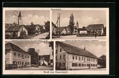 AK Essenbach, Gasthof von Karl Groll mit Garten und Kegelbahn, Bäckerei und Kolonialwaren von Anton Maier