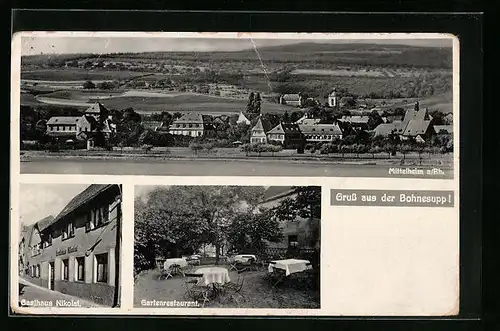 AK Mittelheim /Rheingau, Gasthaus Nikolai, Gartenrestaurant, Totalansicht