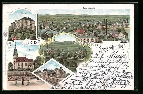 Lithographie Grossröhrsdorf i. Sa., Schule, Bahnhof, Kirche, Totalansicht