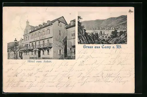 AK Camp /Rhein, Hotel zum Anker, Ortsansicht aus der Ferne