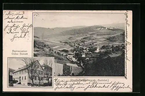 AK Döschnitz, Restaurant von Oskar Donatt, Ortsansicht aus der Vogelschau