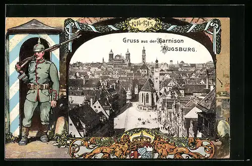 Passepartout-AK Augsburg, Ortspartie aus der Vogelschau, Soldat in Uniform mit Pickelhaube und Gewehr, Wappen