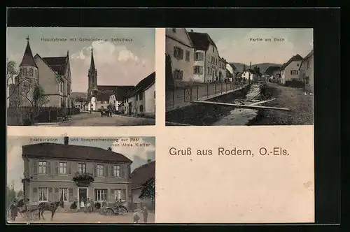 AK Rodern /O.-Els., Restaurant zur Post, Hauptstrasse mit Gemeinde- und Schulhaus