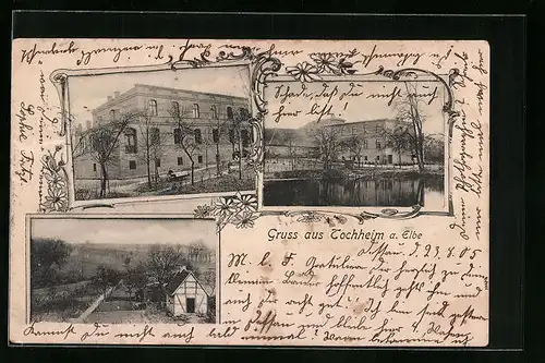 AK Tochheim /Elbe, Fabrikgebäude und Uferpartie