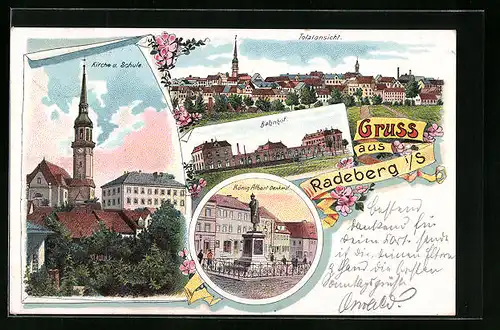 Lithographie Radeberg i. Sa., Kirche u. Schule, Bahnhof, König Albert Denkmal
