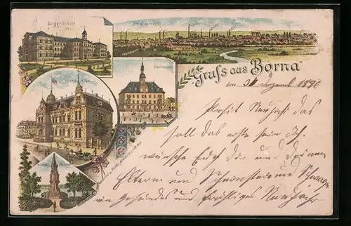 Lithographie Borna, Bürger-Schule, Reichs-Post, Rathaus