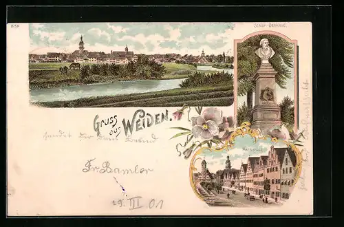 Lithographie Weiden, Marktplatz, Schlör-Dekmal, Panorama