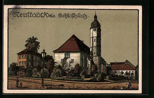 Steindruck-AK Neustadt /Orla, Schlossplatz mit Brunnen