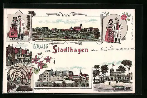 Lithographie Stadthagen, Bahnhof mit Pferdebahn, Fürstl. Schloss, Rathaus