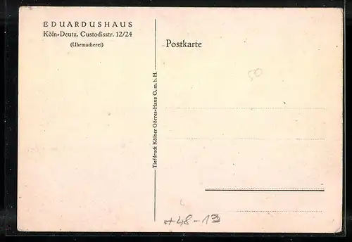 AK Köln-Deutz, Uhrmacherei Eduardushaus, Custodisstrasse 12 /24, Innenansicht