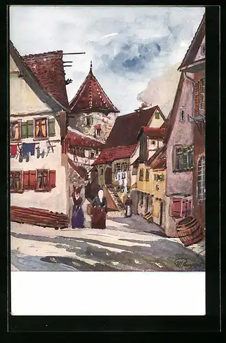 Künstler-AK Nürtingen, Strassenpartie im Dorf