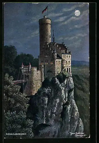 Mondschein-Lithographie Lichtenstein /Sachsen, Blick auf Schloss Lichtenstein bei nächtlichem Vollmond