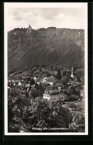 AK Honau, Dorfblick mit Schloss Lichtenstein