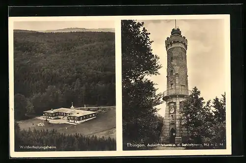 AK Ebingen, Walderholungsheim aus der Vogelschau, Aussichtsturm auf Schlossberg