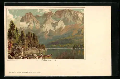 Lithographie Eibsee, Panorama mit Gebirge