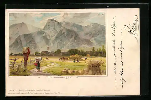 Lithographie Oberammergau, Bildstock gegen Ort