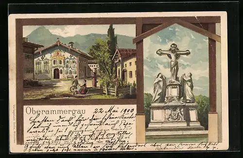 Lithographie Oberammergau, Strassenpartie, Denkmal