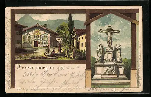 Lithographie Oberammergau, Denkmal, Ortspartie