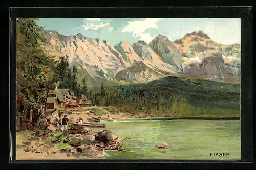 Künstler-AK Karl Heinisch: Eibsee, Uferpartie mit Gebirge
