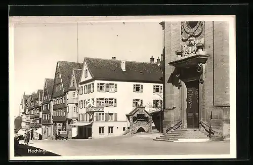 AK Hechingen, Strassenpartie mit Kirchenportal und Cafe Röcker