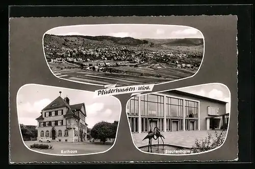 AK Plüderhausen /Württ., Ortsansicht vom Flugzeug aus, Rathaus, Staufenhalle