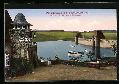 AK Möhnetalsperre, Blick auf Seehof und Sperrmauer