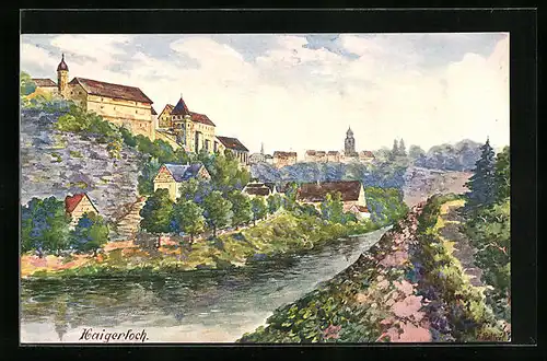 Künstler-AK Haigerloch, Flusspartie und Blick durch Stadt