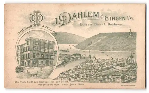 Fotografie J. Dahlem, Bingen a. Rh., Ansicht Bingen a. Rh., Ateliersgebäude von Aussen und Blick auf die Stadt