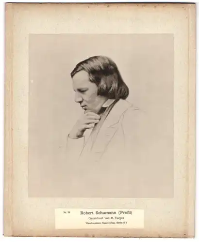 Fotografie Werckmeisters Kunstverlag, Robert Schumann im Profil nach H. Varges, Rückseite Felix Mendelssohn-Bartholdy