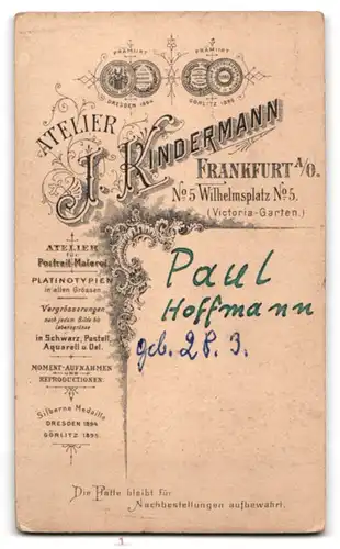 Fotografie J. Kindermann, Frankfurt a. O., Wilhelmsplatz 5, Portrait Paul Hoffmann im Anzug mit voluminösem Schnauzbart