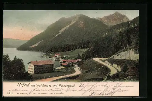 AK Urfeld, Ortspartie mit Walchensee und Herzogstand