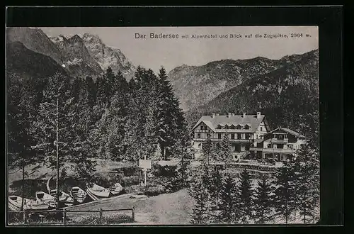AK Grainau, Badersee mit Alpenhotel und Blick auf die Zugspitze