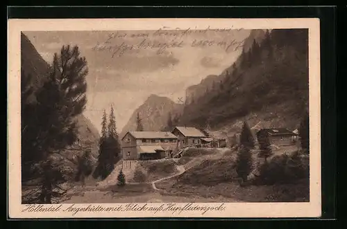 AK Grainau, Gasthaus Angerhütte im Höllental mit Blick aufs Hupfleitenjoch