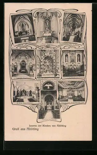AK Altötting, Inneres der Kirchen Tilly Kapelle und Sadtpfarrkirche