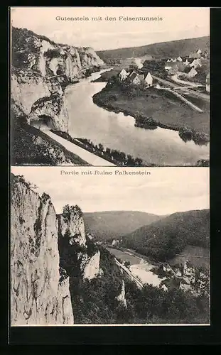 AK Gutenstein, Ortsansicht aus der Vogelschau mit den Felsentunnels, Partie mit Ruine Falkenstein