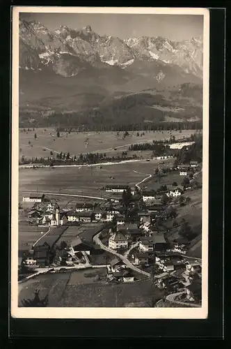 AK Wallgau, Ortsansicht aus der Vogelschau mit Wetterstein