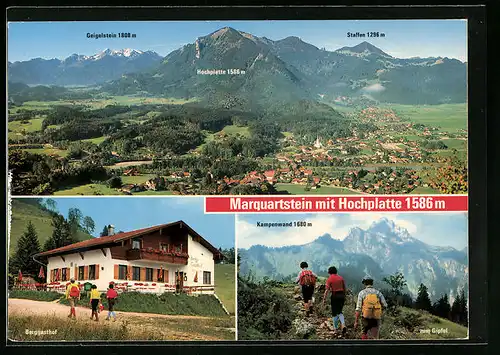 AK Marquartstein, Ortsansicht aus der Vogelschau, Berggasthof, Wanderer auf dem Weg zum Gipfel