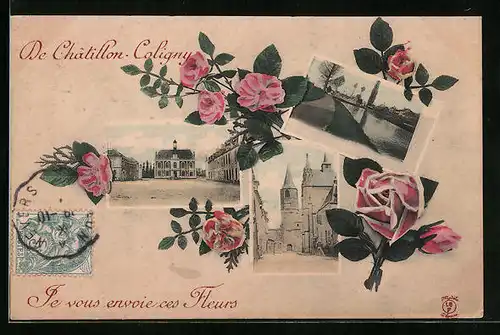 AK Châtillon-Coligny, Uferpartie, Strassenpartie mit Kirche, Ortspartie