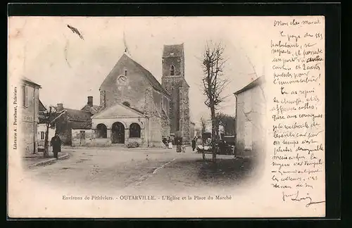 AK Outarville, L`Eglise et la Place du Marche